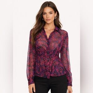 Tahari Silk sheer Floral Blouse Measures as Small vintage Spring Floral